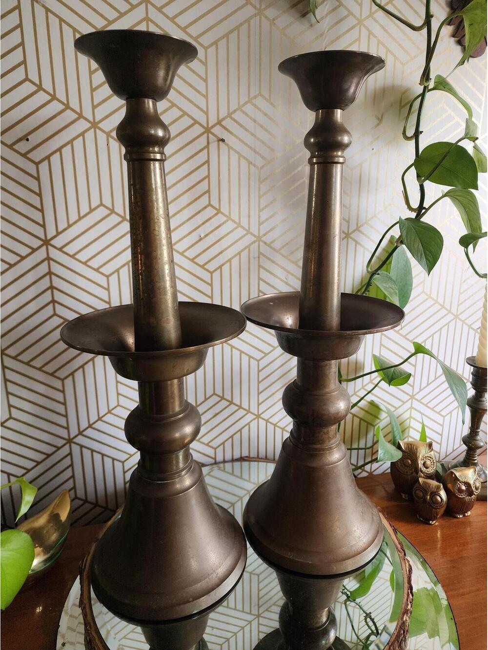 Vintage Large Brass Floor/Altar Candlestick Holders 19"